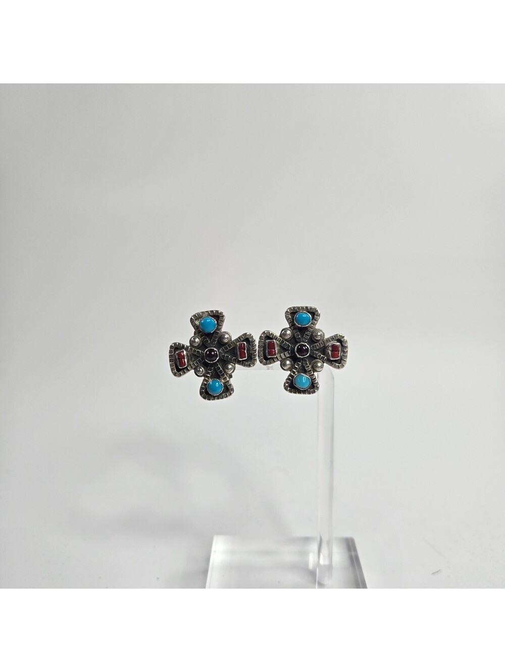 Vintage Mexico 925 Sterling Silver Turquoise Coral Garnet Maltese Cross Earrings